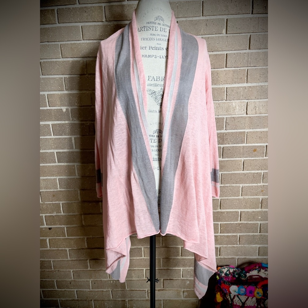 GARNET HILL Pink and Gray 100% Linen Knit Open Front Waterfall Cardigan